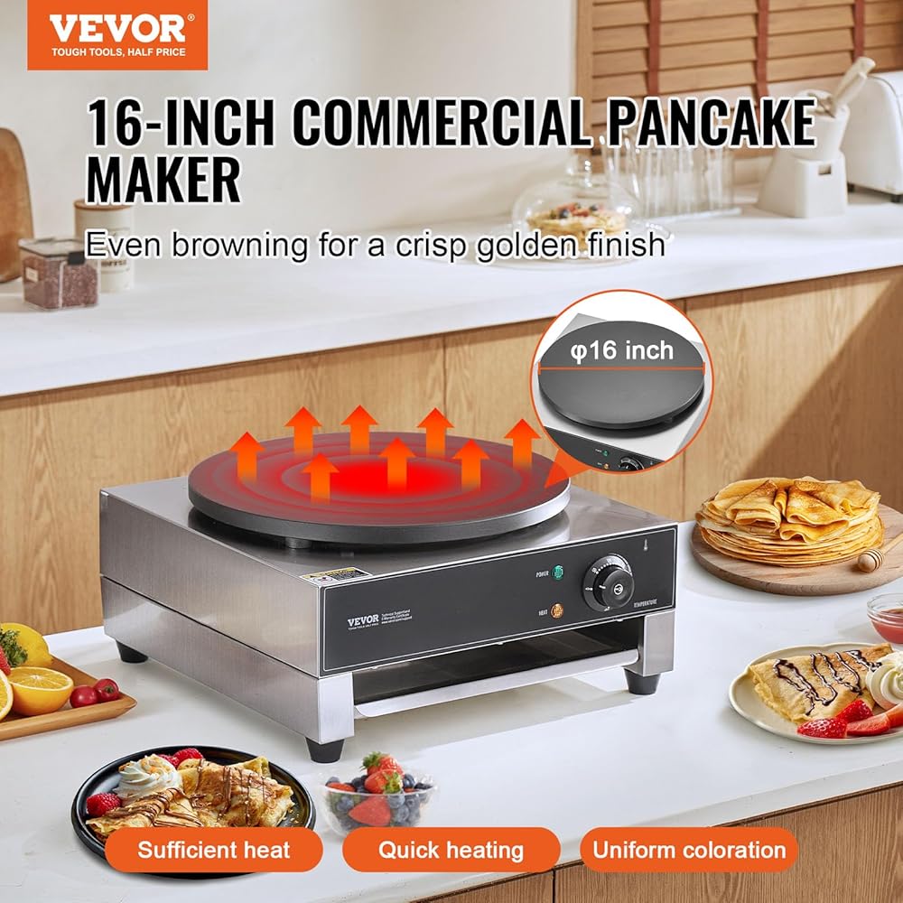 VEVOR Electric Crepe Maker, 16-Inch Commercial Crepe Machine, 1700W Flat Plate Crepe Griddle, Nonstick Stainless Steel Pancake Making Machine, Desktop Circular Cereals Pancake Stove with Temp Control: Home & Kitchen