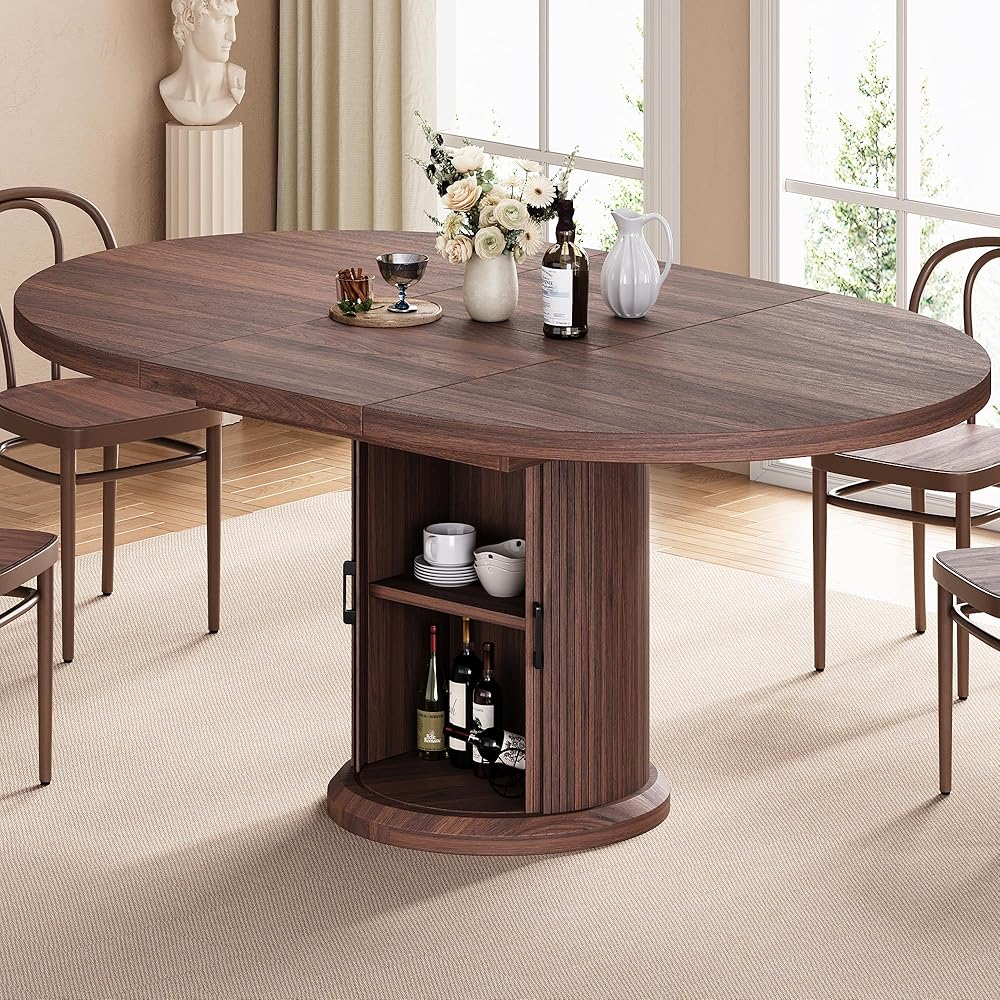 - Dining Table for 4-6,63“Extendable Round Kitchen Dining Room Table with 2-Tier Storage Shelf, Space Saving Expandable Wood Oval Circle Dinner Furniture with Pedestal Base (Brown) - Tables