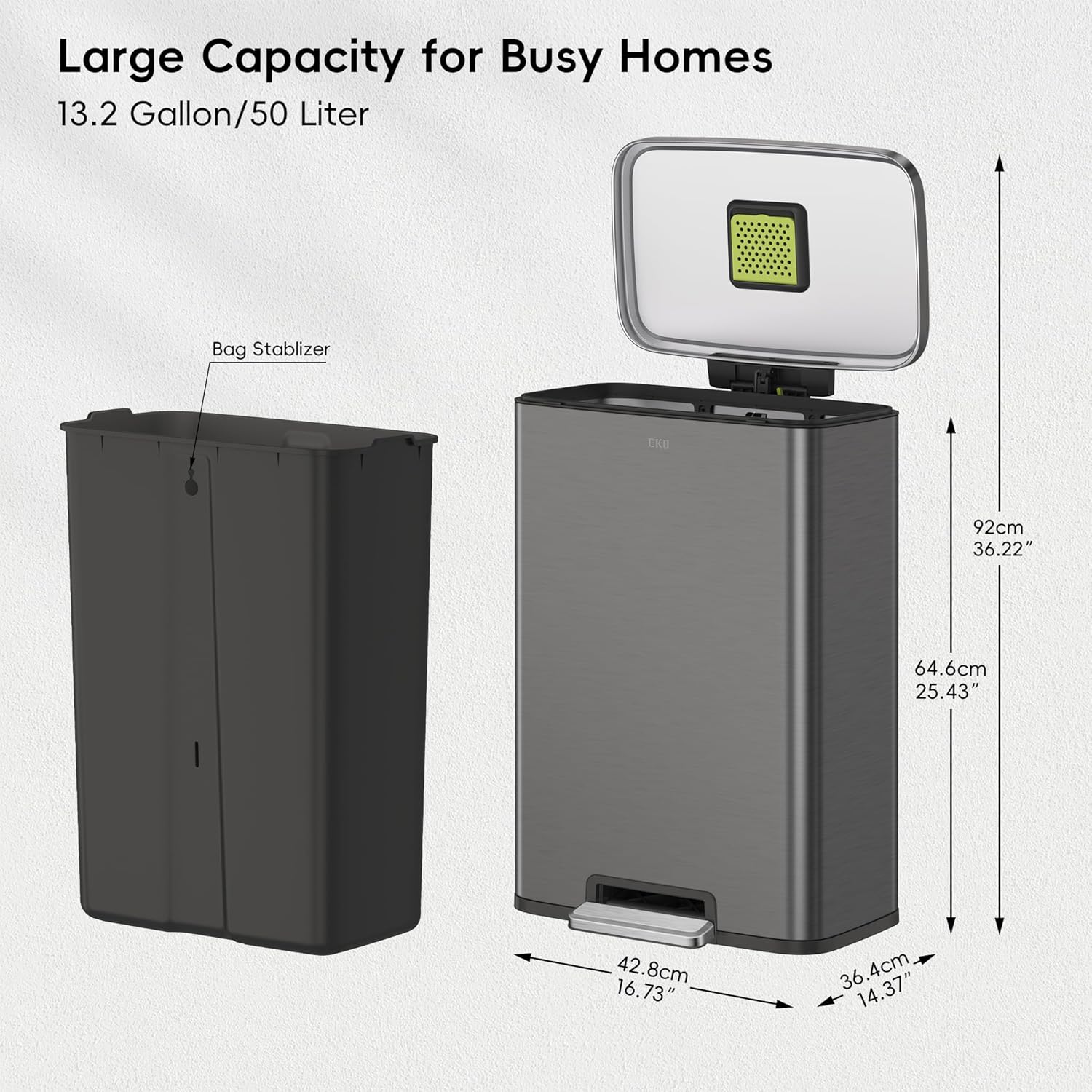 EKO Madison Gunmetal Stainless Steel 50 Liter/13.2 Gallon Step Trash Can with Inner Liner - Fingerprint Resistant Finish : Home & Kitchen