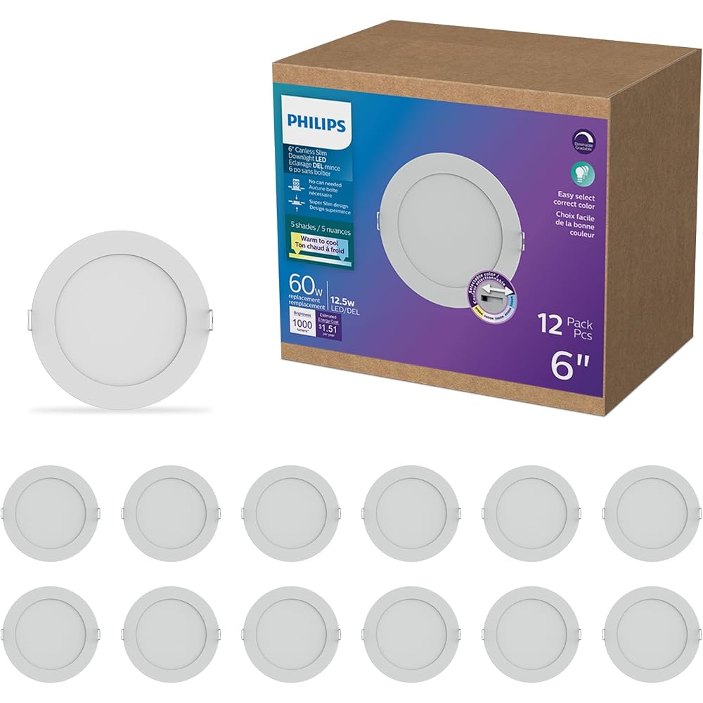 LED Philips 60W Slim 6-inch Canless Downlight 12-Pack Selectable White Multi-CCT 1000 Lumen (12.5W = 60W) Dimmable No Housing Required -