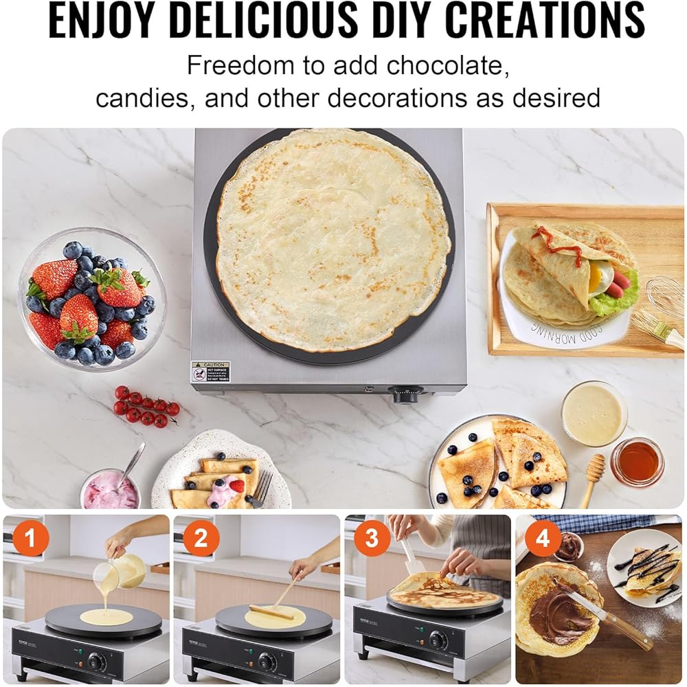 VEVOR Electric Crepe Maker, 16-Inch Commercial Crepe Machine, 1700W Flat Plate Crepe Griddle, Nonstick Stainless Steel Pancake Making Machine, Desktop Circular Cereals Pancake Stove with Temp Control: Home & Kitchen
