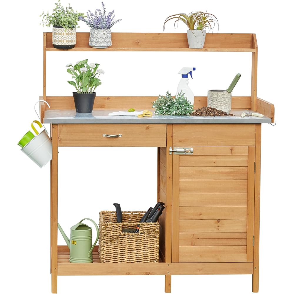 Yaheetech Outdoor Garden Potting Bench Table Work Bench Metal Tabletop W/Cabinet Drawer Open Shelf Natural Wood : Patio, Lawn & Garden