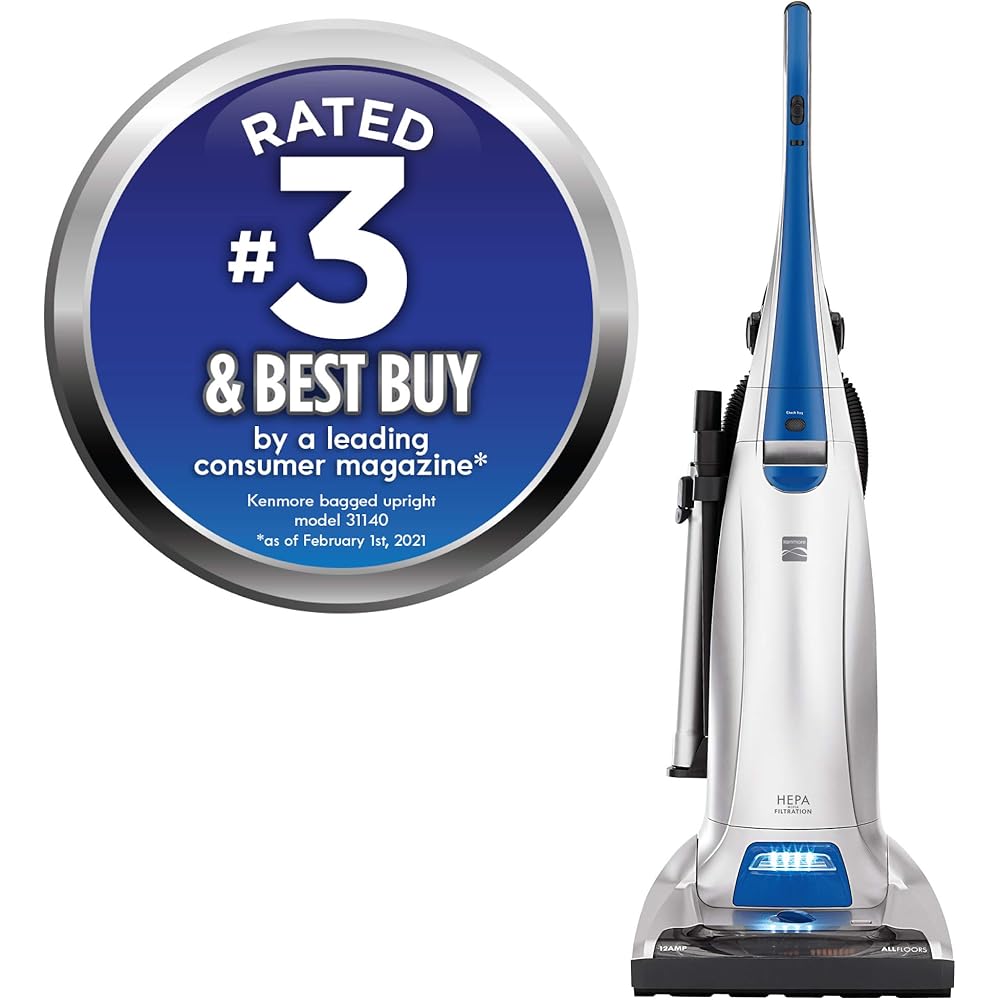 - Kenmore 31140 Pet Friendly Lightweight Bagged Upright Beltless Vacuum with Pet Handi-Mate, Triple HEPA, Telescoping Wand, 4-Position Height Adjustment, 3 Cleaning Tools, Blue/Silver