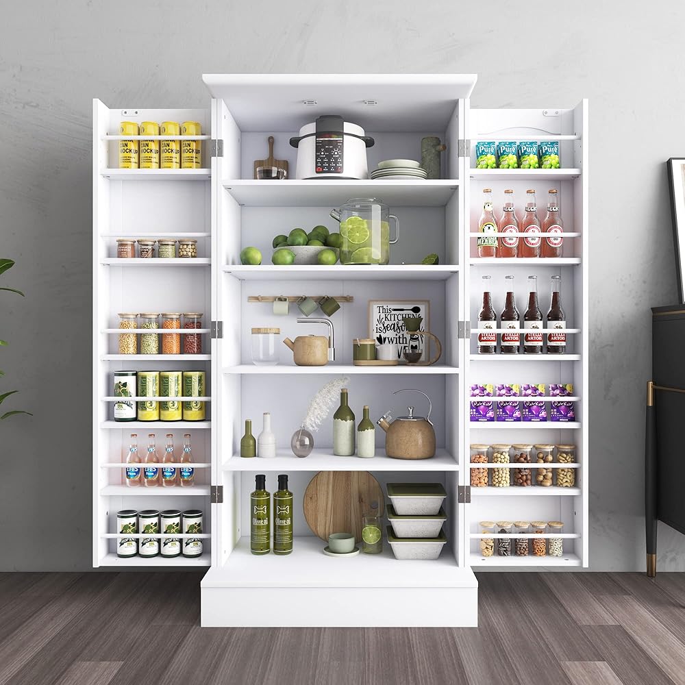 kepptory Kitchen Pantry Cabinet, Pantry Storage Cabinet with Adjustable Shelves and Drawer, Sideboard Buffet Cupboards Storage Shelf for Home Office Use (White, 16