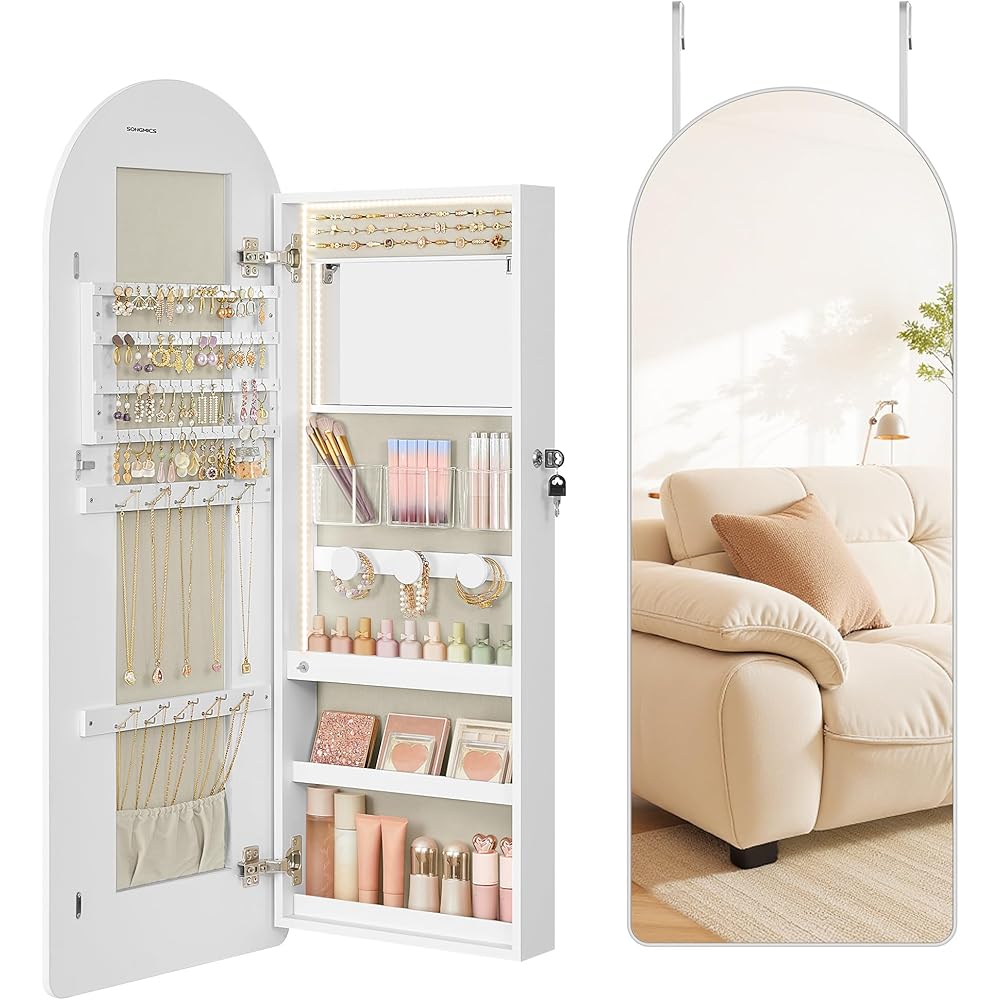 SONGMICS Wide Jewelry Organizer, LED Jewelry Cabinet Wall/Door Mounted, Arched Mirror with Storage, Lockable, Rounded Corner, Interior Mirror, 3.9 x 16.5 x 42.5 Inches, Cloud White UJJC020W01 : Clothing, Shoes & Jewelry