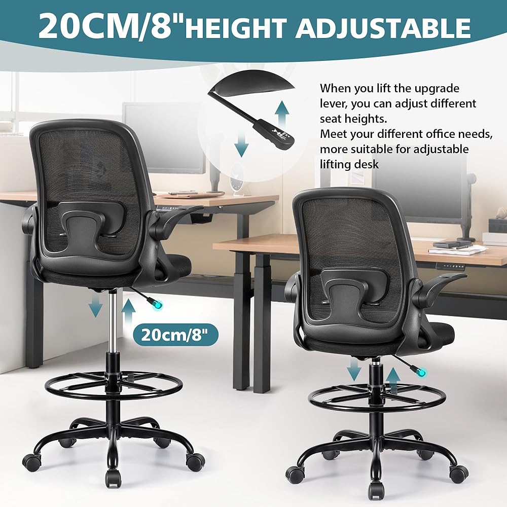 Winrise Drafting Chair Tall Office Chair Ergonomic Desk Chairs with Lumbar Support and Flip-up Armrests, Adjustable Height Comfy Computer Chair with Swivel Task and Adjustable Foot Ring(Black) : Home & Kitchen