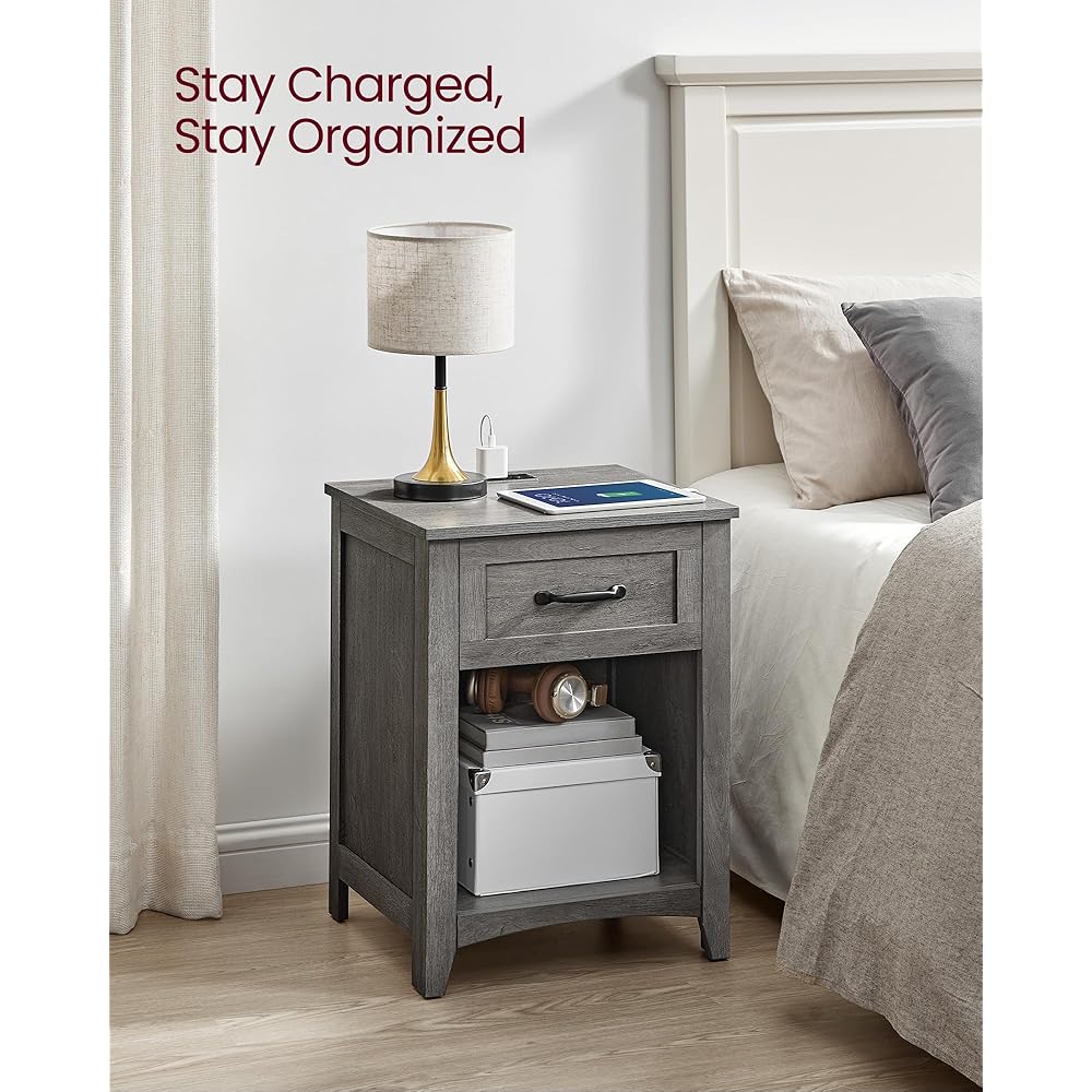 VASAGLE LIRY Collection - Farmhouse Nightstands with Charging Station, Set of 2 Bedside Tables, Side Tables with Drawer, Open Compartment, for Bedroom, Misty Gray ULET859G01 : Home & Kitchen