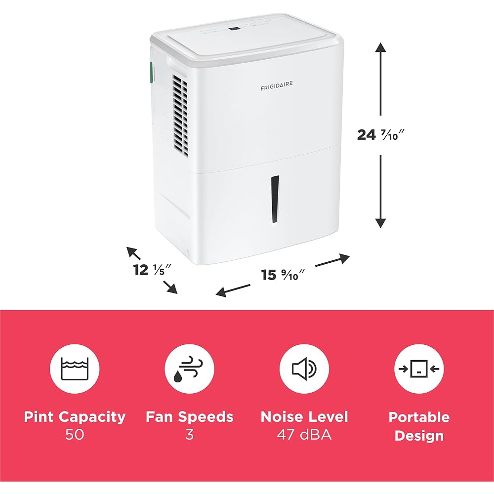 - Frigidaire 50-Pint Portable Dehumidifier with Wi-Fi and Energy Star Certification for Medium/Large Rooms & Basements, Custom Humidity Control, Auto Shut Off, White