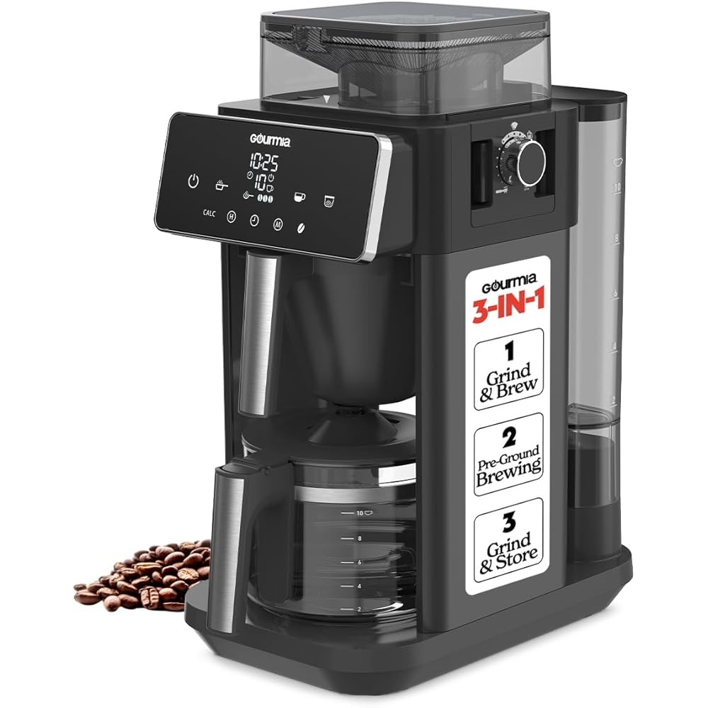 Gourmia 10-Cup Grind & Brew Coffee Maker – Built-in Adjustable Grinder, Programmable Digital Timer, 3 Brew Strengths, 4-Hour Keep-Warm, Auto Shut-Off, Pause & Serve, Glass Carafe, Stainless Steel: Home & Kitchen