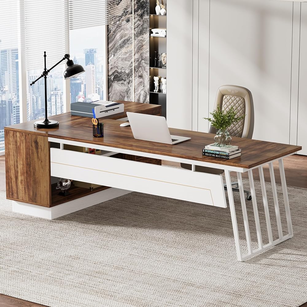 Tribesigns 71-Inch Executive Desk, L-Shaped Desk with Cabinet, Large Office Desk with Drawers and Storage Shelves, Writing Table Computer Desk for Home Office, Brown and White : Home & Kitchen