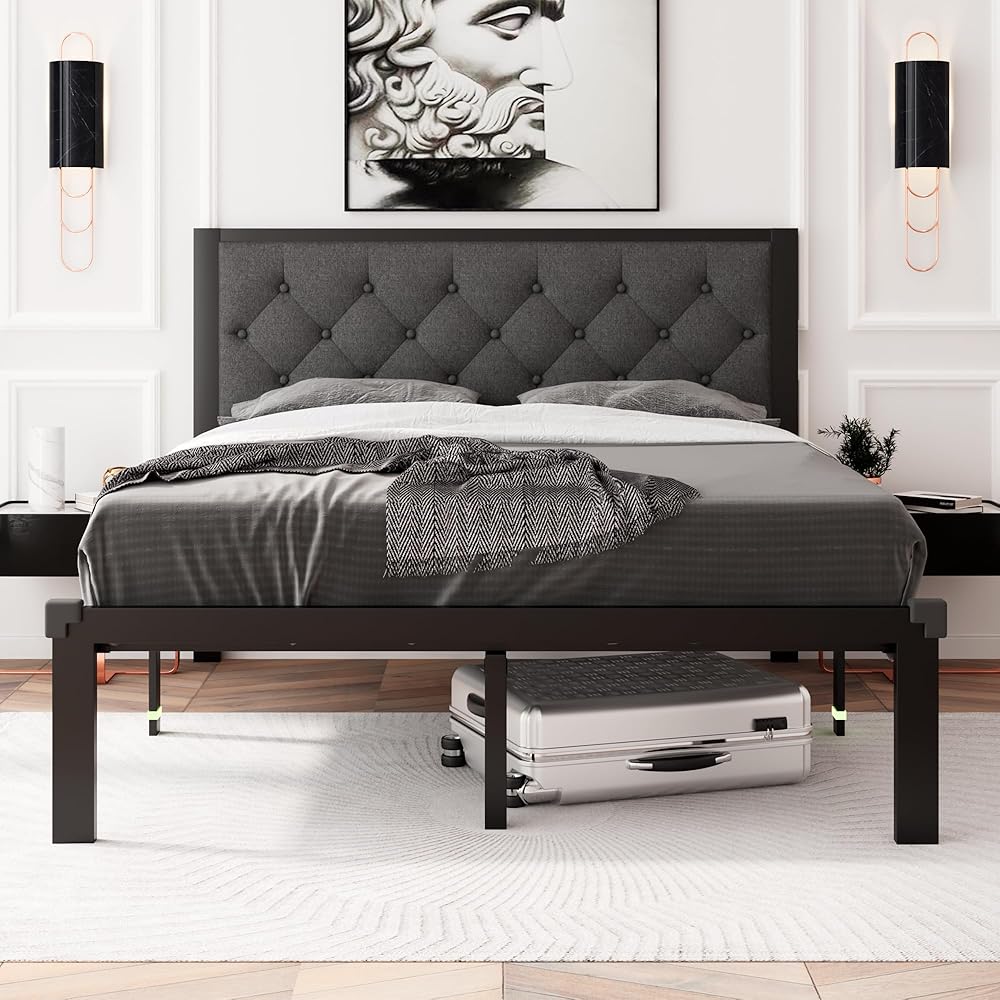 Feonase Full Size Metal Bed Frame, Heavy-Duty Platform Bed Frame with Linen Upholstered Headboard, 12