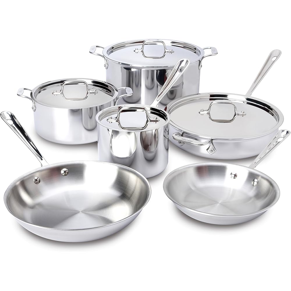 All-Clad D3 3-Ply Stainless Steel Cookware Set 10 Piece, Induction, Oven Broiler Safe 600F, Kitchen Cooking Set w/ Frying Pans, Saucepans, Saute Pan, Stockpot and Soup Pot, Pots and Pans, Silver: Home & Kitchen