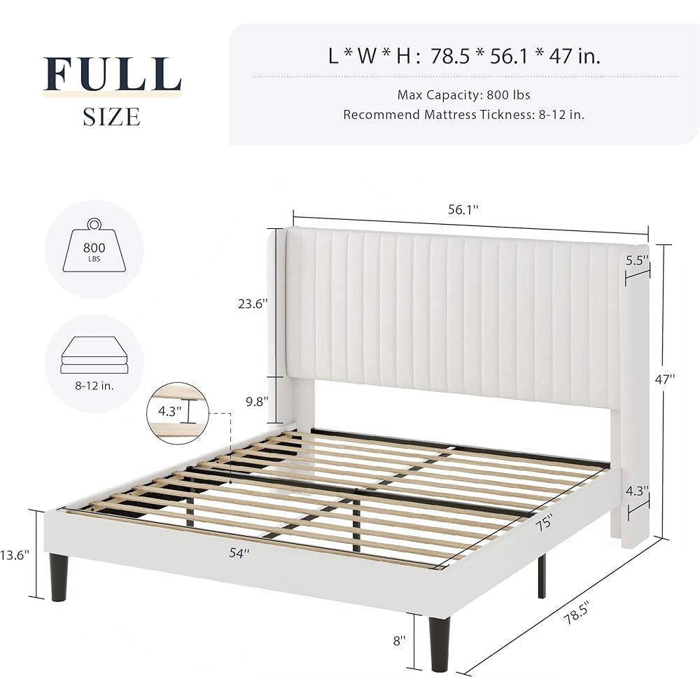 Allewie Full Size Velvet Bed Frame/Vertical Channel Tufted Wingback Headboard/Upholstered Platform Bed/Strong Wooden Slats/No Box Spring Needed/Easy Assembly/White : Home & Kitchen