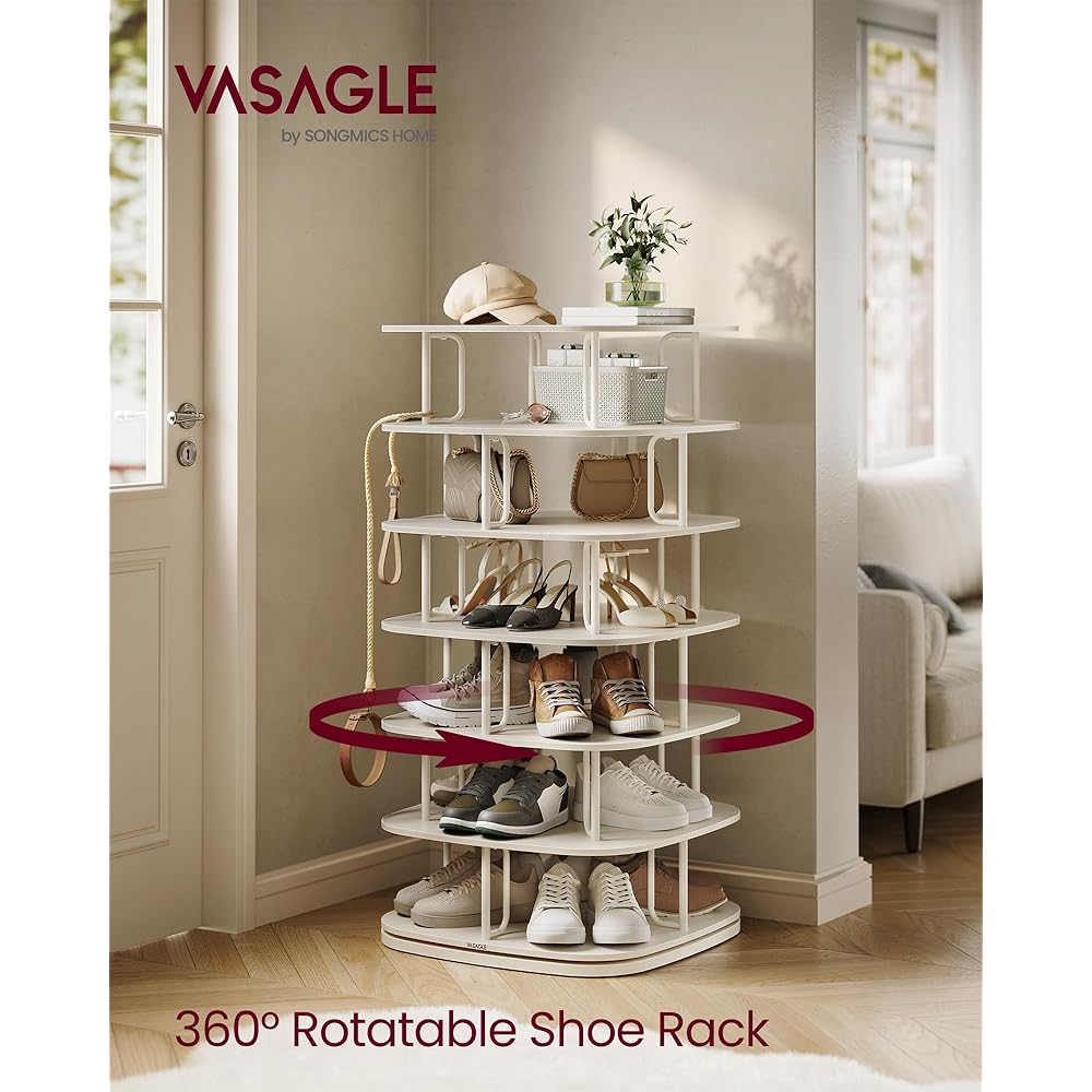 VASAGLE 7-Tier Shoe Rack, Rotating Shoe Rack Tower, Shoe Closet Organizer, Shoe Shelf, 28-35 Pairs, 23.6 x 23.6 x 47.2 Inches, for Entryway, Living Room, Closet, Cream White ULBS041W01 : Home & Kitchen