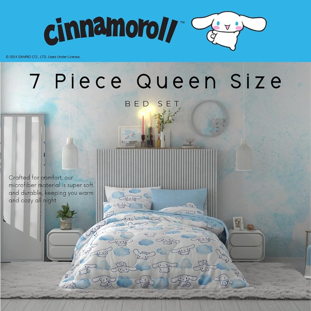 Franco Cinnamoroll Bedding 7 Piece Super Soft Cozy Reversible Comforter and Sheet Set with Sham, Queen, (100% Official Licensed Product) : Home & Kitchen