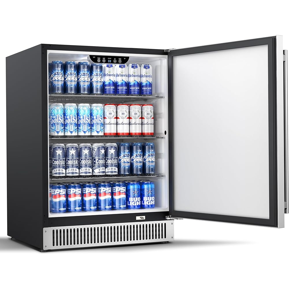 Coolski 24 Inch Beverage Refrigerator Cooler Under Counter, 180 Cans Outdoor Refrigerator for Patio, Built-In or Freestanding Fridge with Stainless Steel Door for Home Bar Kitchen, ETL, NSF Approved : Appliances
