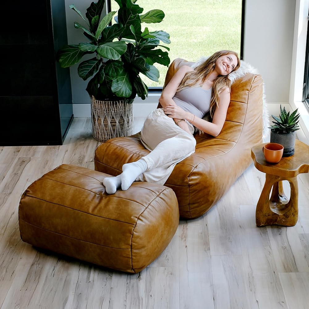 Big Joe Modora Bean Bag Chair Lounger and Ottoman Bundle, Copper Harbor Vegan Leather : Home & Kitchen