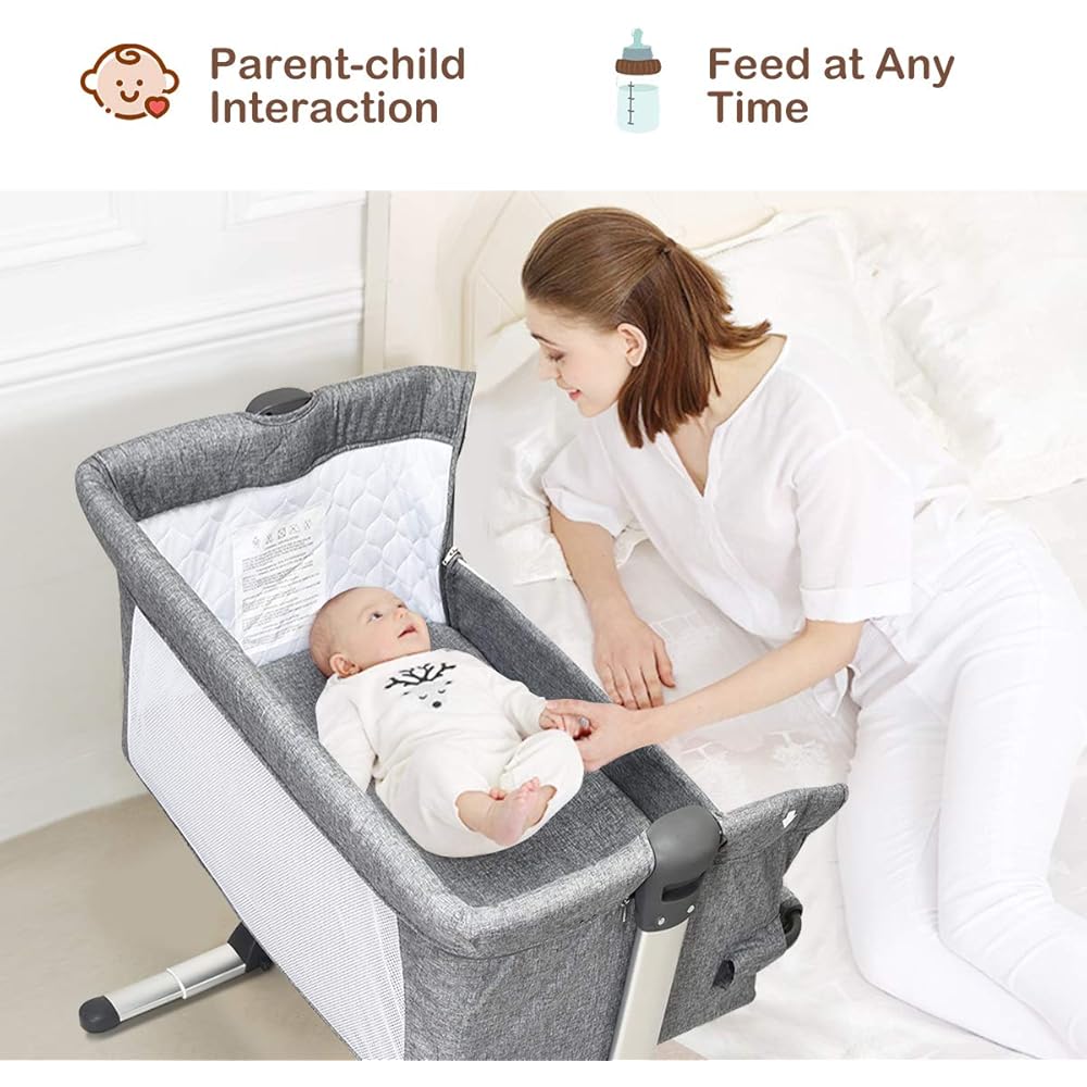 BABY JOY Baby Bedside Crib, Portable Travel Sleeper Bed Side Bassinet w/Carrying Bag, Newborn Bassinet to Infant, Kids Crib with Detachable Mattress, Height Adjustable Design, Breathable Mesh, Grey : Baby