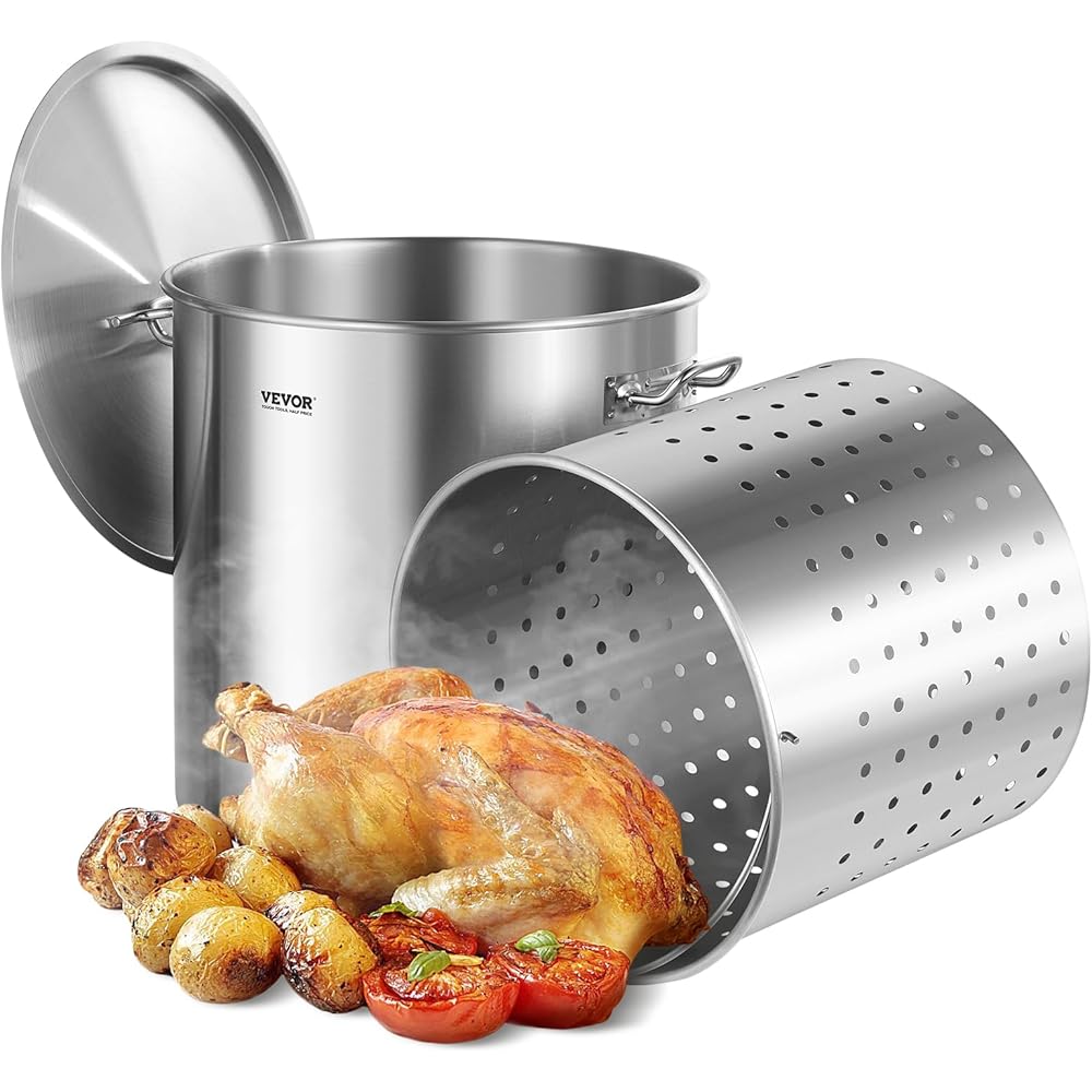 VEVOR Stainless Steel Stockpot, 100 Quart Large Cooking Pots, Cookware Sauce Pot with Basket, Lid, and Handle, Heavy Duty Commercial Grade Stock Pot, Sanding Treatment, for Large Groups Events Silver