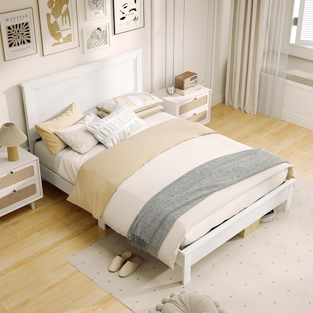KOMFOTT Full Size Wood Platform Bed Frame with Headboard, Wooden Mid Century Platform Bed with Slat Support & Under Bed Storage, Mattress Foundation Bed Base, No Box Spring Needed, White : Home & Kitchen