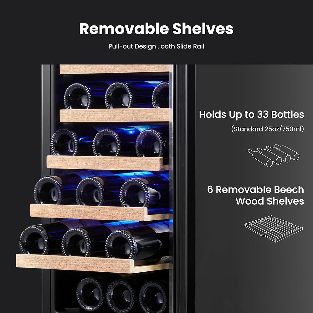 Yeego Wine Fridge - 15 inch 33 Bottles 40-65℉ Temperature Touch Control, Built-In/Under Counter/Freestanding Wine Cooler Refrigerator with Glass Door, Perfect for Bar, Home, Kitchen Cabinet, Office : Home & Kitchen