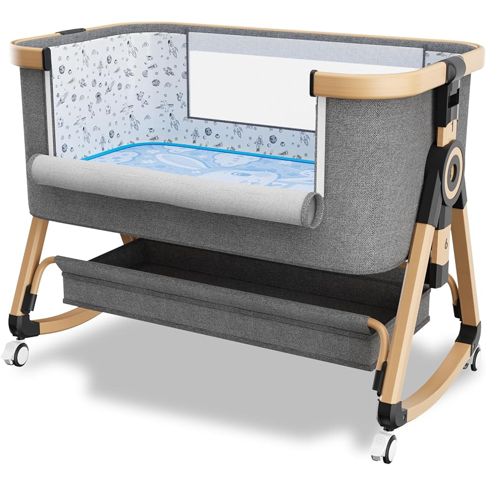 whiffee 3 in 1 Baby Bassinet,Bedside Sleeper with Storage Basket and Wheels,Portable Baby Crib with Mosquito Net, 6 Adjustable Height & Breathable Mesh,Easy to Fold (Brown&Black) : Baby