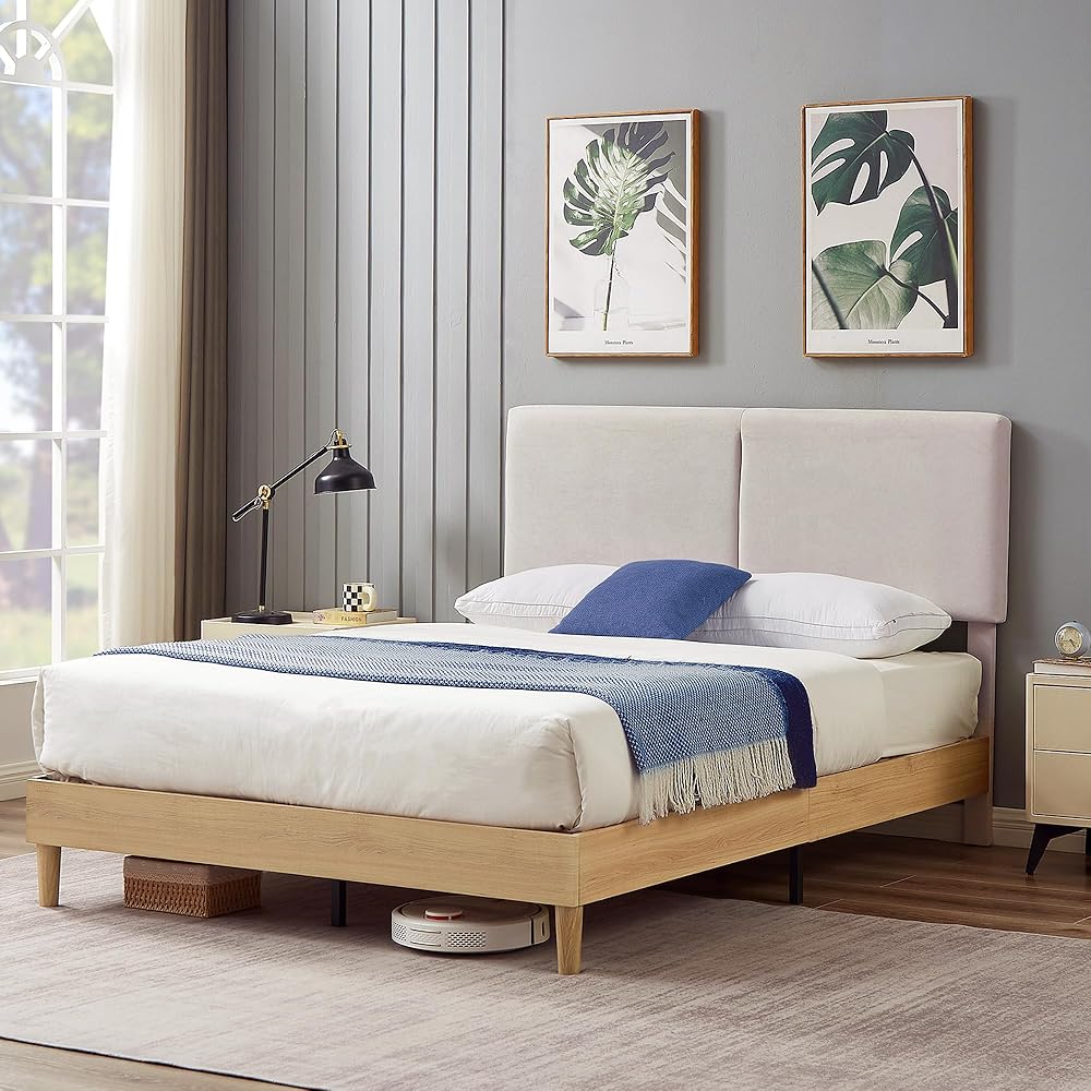 VECELO Queen Bed Frame Upholstered Platform Beds with Height-Adjustable Cotton and Linen Headboard, Heavy Duty Wood Slats, 6