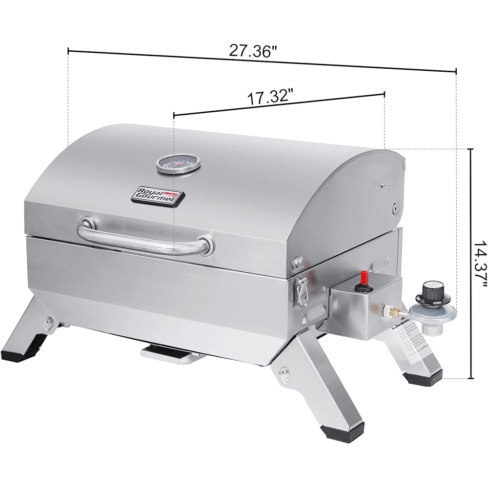 Royal Gourmet GT1001 Stainless Steel Portable Grill, 10000 BTU BBQ Tabletop Gas Grill with Folding Legs and Lockable Lid, Outdoor Camping, Deck and Tailgating, Silver