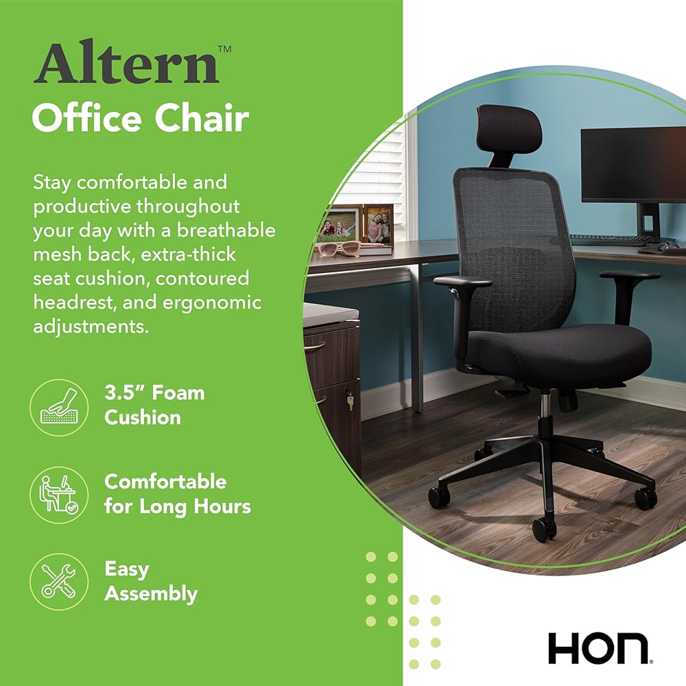 HON Altern Ergonomic Office Chair with Headrest, Arms, Wheels, Foam Cushion Seat, Mid Back Home Office Desk Chair Comfy, Height Adjustable Arms, Synchro-Tilt, Seat-Slide, Black : Home & Kitchen