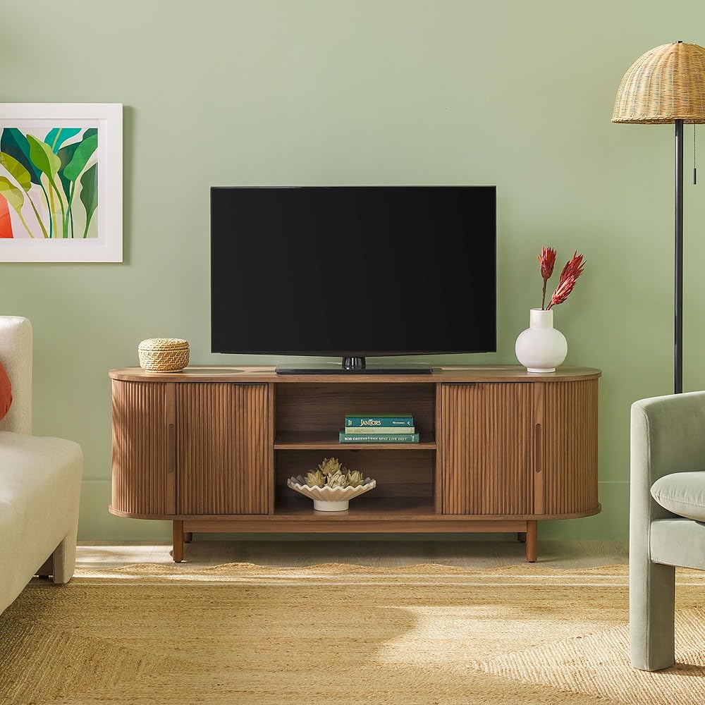 Walker Edison Modern Curved Reeded TV Stand for TVs up to 70 Inches, Credenza with Sliding Doors and Adjustable Shelves, TV Stand with Cord Management Cutout, 60 Inch, Mocha : Home & Kitchen