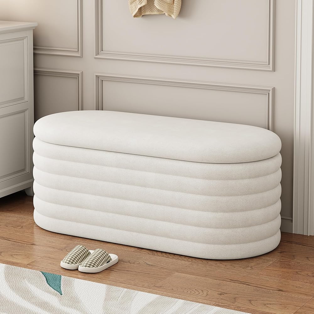 FAVSH Storage Ottoman Bench 40 inch Upholstered Chenille Fabric Storage Bench for Bedroom End of Bed Stool Aesthetic Large Storag Ottoman for Living Room Entryway,Beige White : Home & Kitchen