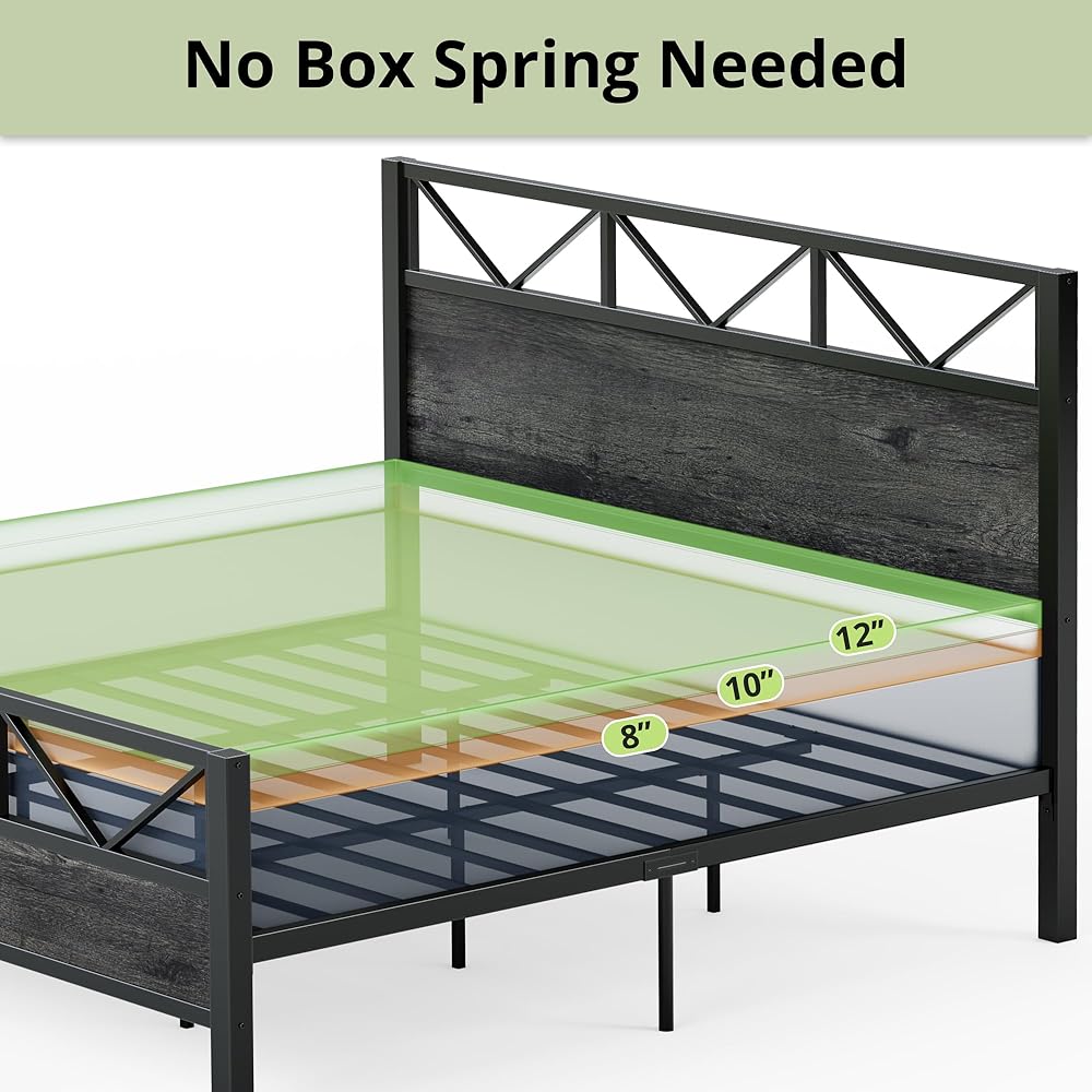 LIKIMIO King Bed Frame, Tall Industrial Headboard 51.2