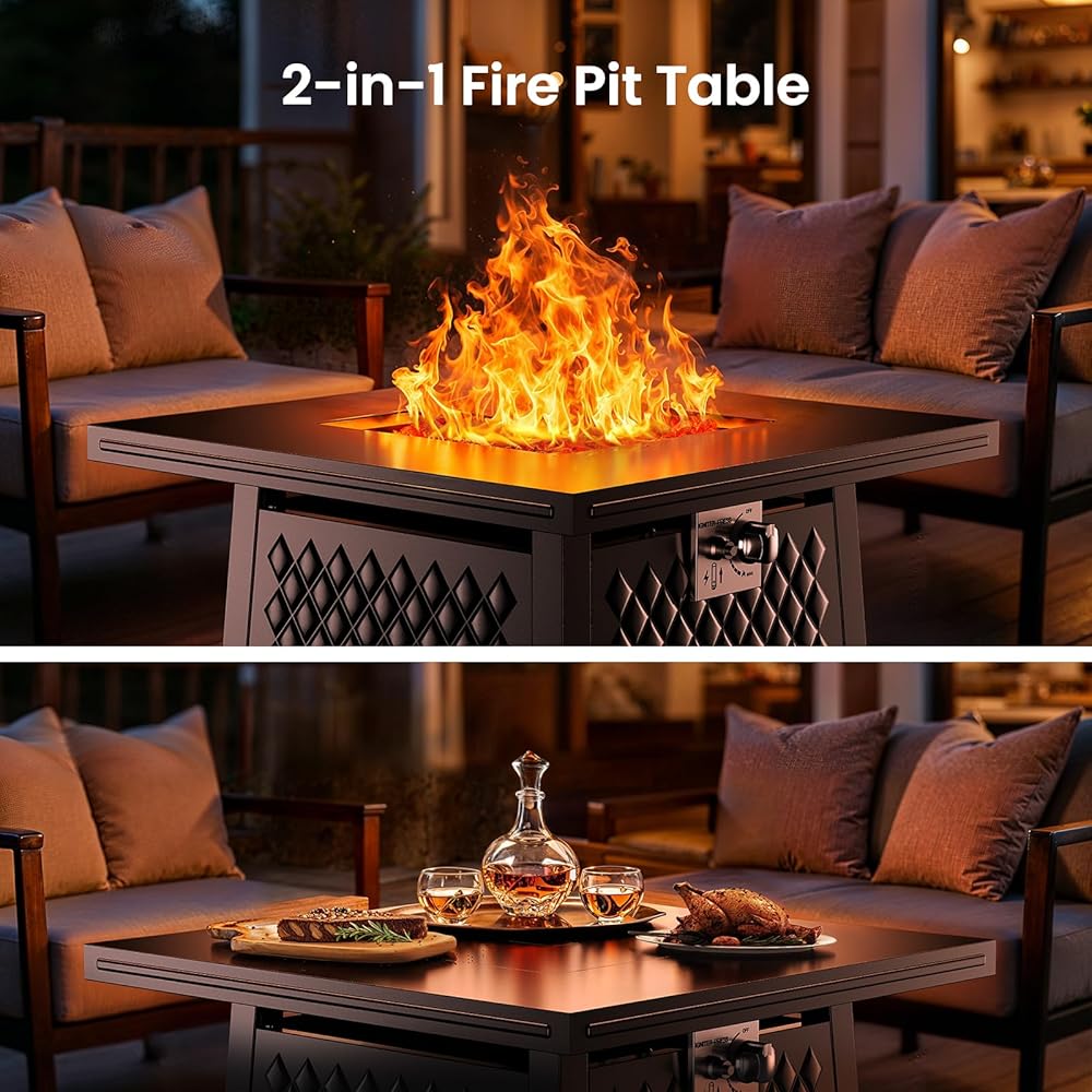 Ciays 32 Inch Propane Fire Pits,50,000 BTU Gas Fire Pit Table for Outsides with Steel Lid and Lava Rock, 2-in-1 Square Fire Table for Gatherings Parties on Patio Deck Garden Backyard, Black : Patio, Lawn & Garden