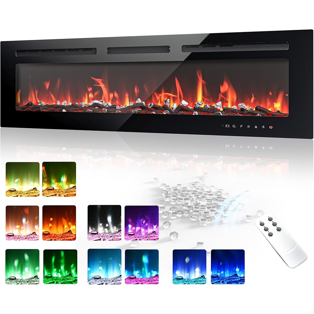 EUHOMY 50 Inch Electric Fireplace Wall Recessed and Wall Mounted with Adjustable Flame Color, Fireplace Heater with Remote Control, Linear Fireplace with Timer, Touch Screen, Log & Crystal, 750/1500W : Home & Kitchen