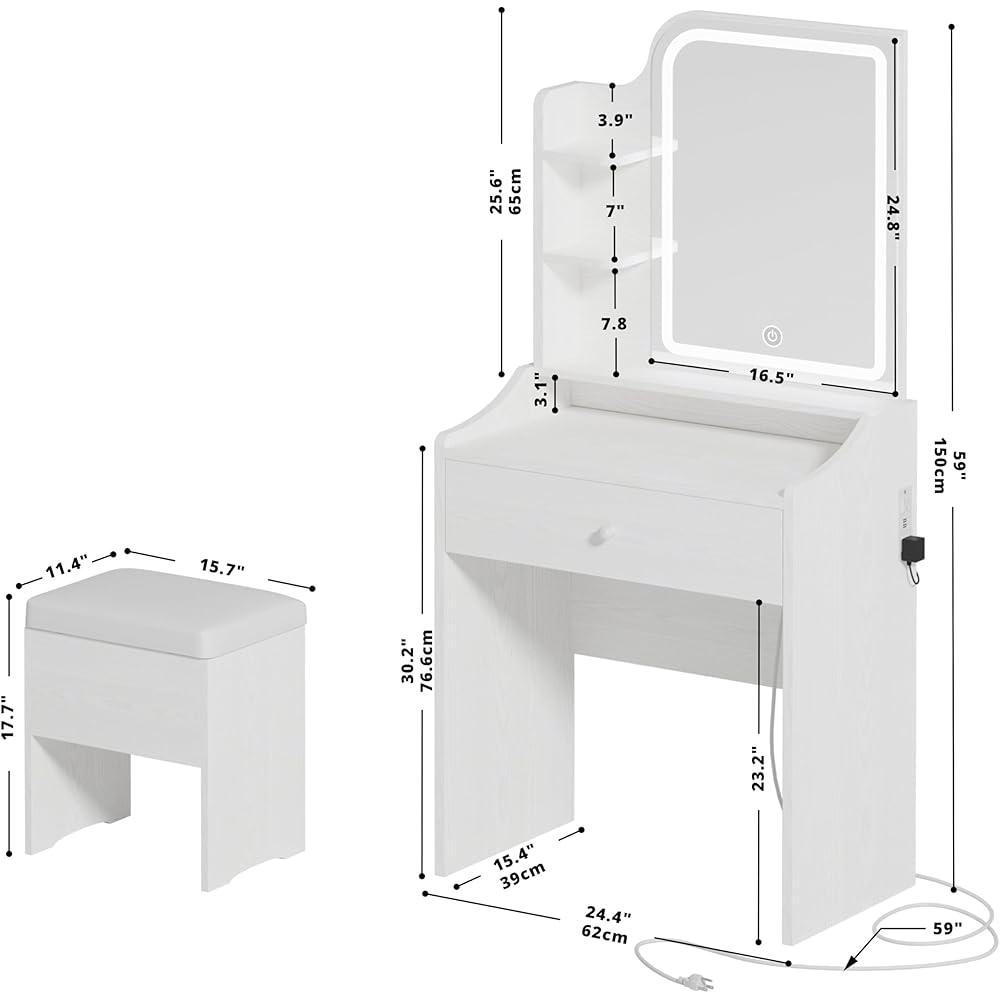LIKIMIO Small Makeup Vanity Desk with Mirror and Lights, Vanity Table Set with Storage Drawer, Chair and Three Shelves, Bedroom, White : Home & Kitchen