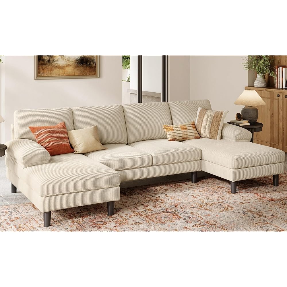 LINSY HOME Sectional Couch, 111'' W Corduroy U Shaped Sofa with Sleepable Armrests, 4 Seat Couch with Double Chaises, Deep Seat Sofa for Living Room, Beige