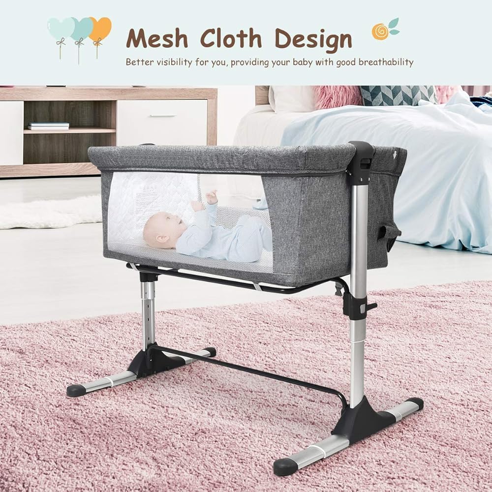 BABY JOY Baby Bedside Crib, Portable Travel Sleeper Bed Side Bassinet w/Carrying Bag, Newborn Bassinet to Infant, Kids Crib with Detachable Mattress, Height Adjustable Design, Breathable Mesh, Grey : Baby