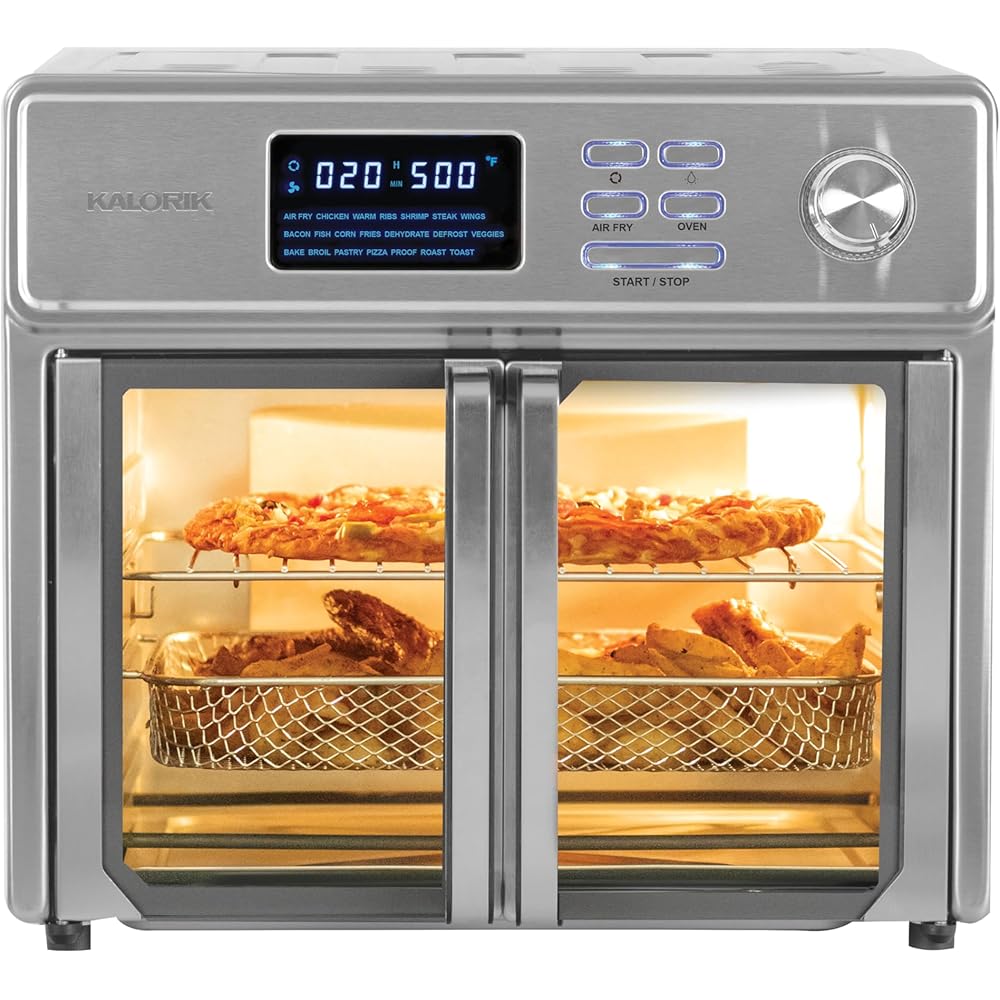 Kalorik MAXX Air Fryer Oven, 26 Quart 10-in-1 Countertop Toaster Oven & Air Fryer Combo - Fry, Bake, Roast, Rotisserie, & More, Large Glass French Doors & 9 Accessories, 1700-Watts, Stainless Steel : Home & Kitchen