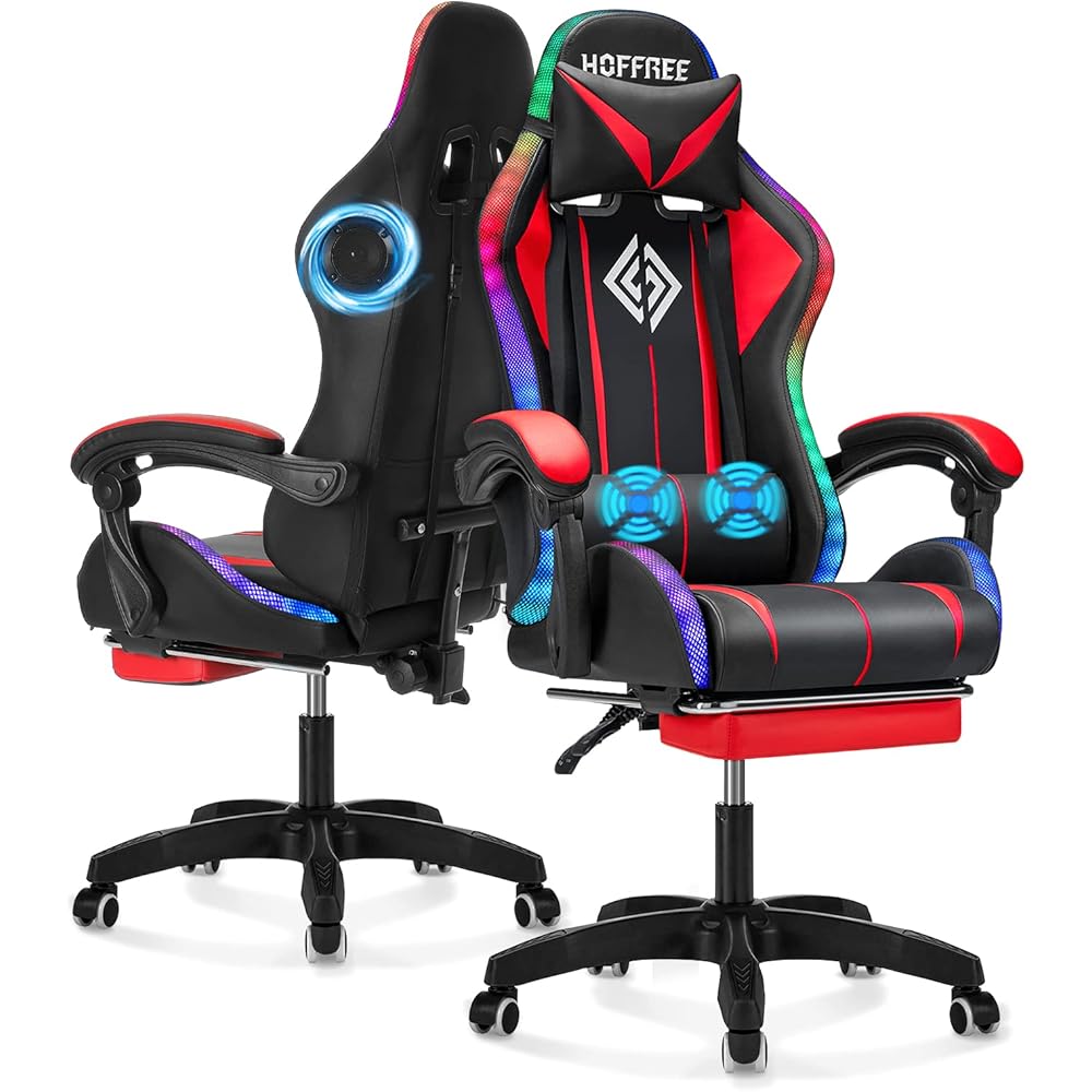 RGB Gaming Chair with Bluetooth Speakers and LED Lights Ergonomic Massage Computer Game Chair with Footrest High Back Music Video Game Chair with Lumbar Support Red and Black : Home & Kitchen