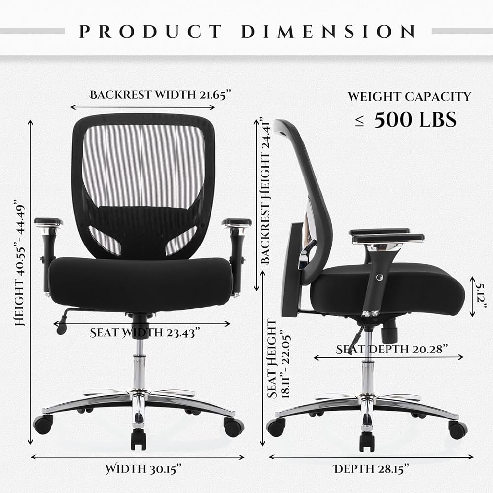 COLAMY Big and Tall Office Chair 500lbs, Heavy Duty Ergonomic Mesh Chair, Computer Executive Desk Chair with Wide Thick Seat, 4D Armrests, Adjustable Lumbar Support and Tilt-Black : Office Products