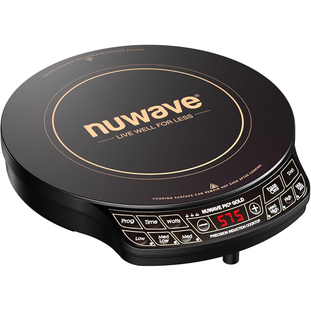 Nuwave Precision Induction Cooktop Gold, 12” Shatter-Proof Ceramic Glass Surface, Large 8” Heating Coil, Portable, 51Temp Settings 100°F to 575°F, 3 Wattage Settings 600, 900, and 1500 Watts: Home & Kitchen