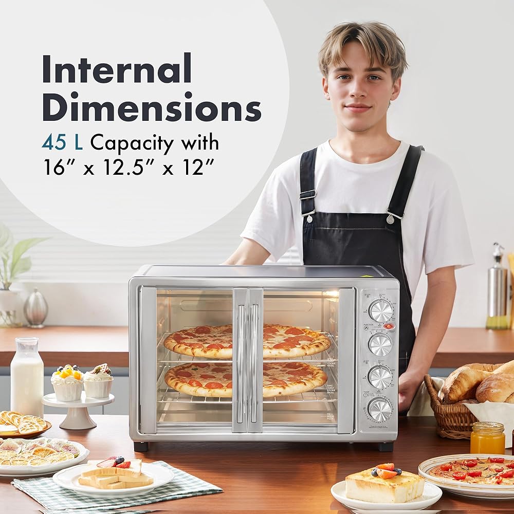 Elite Gourmet ETO-4510M French Door 47.5Qt, 18-Slice Convection Oven 4-Control Knobs, Bake Broil Toast Rotisserie Keep Warm, Includes 2 x 12