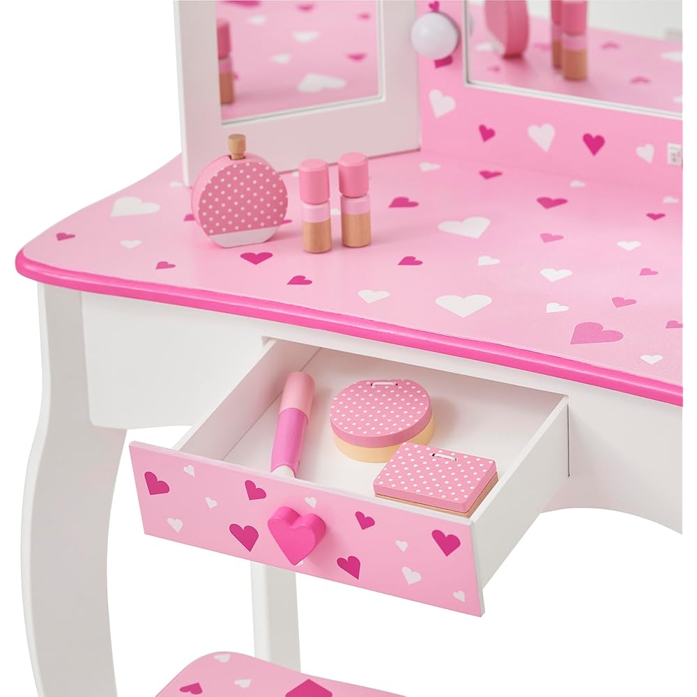 Teamson Kids Vanity Set for Girls with LED Lights, Tri-Fold Mirror, Stool & Drawer, Pretend Makeup Table for Toddlers, Heart Design, Wooden White Pink Princess Play Furniture, Ages 3+