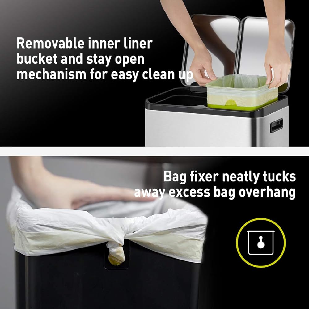 EKO EcoCasa 30L+30L Dual Trash Can with Recycle Bin, Stainless Steel Independent Pedals and Lids, 2 x 8 Gal Trashcans for Kitchen, Soft Close, Fingerprint Resistant : Home & Kitchen