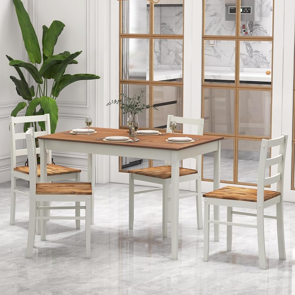 - Giantex 5-Piece Dining Set for 4, Solid Wood Rectangular Table & 4 Chairs wtih Rubber Wood Legs, Kitchen Table and Chairs Set for Small Spaces Dinette Dining Room Restaurant (Rustic Brown) - Table & Chair Sets