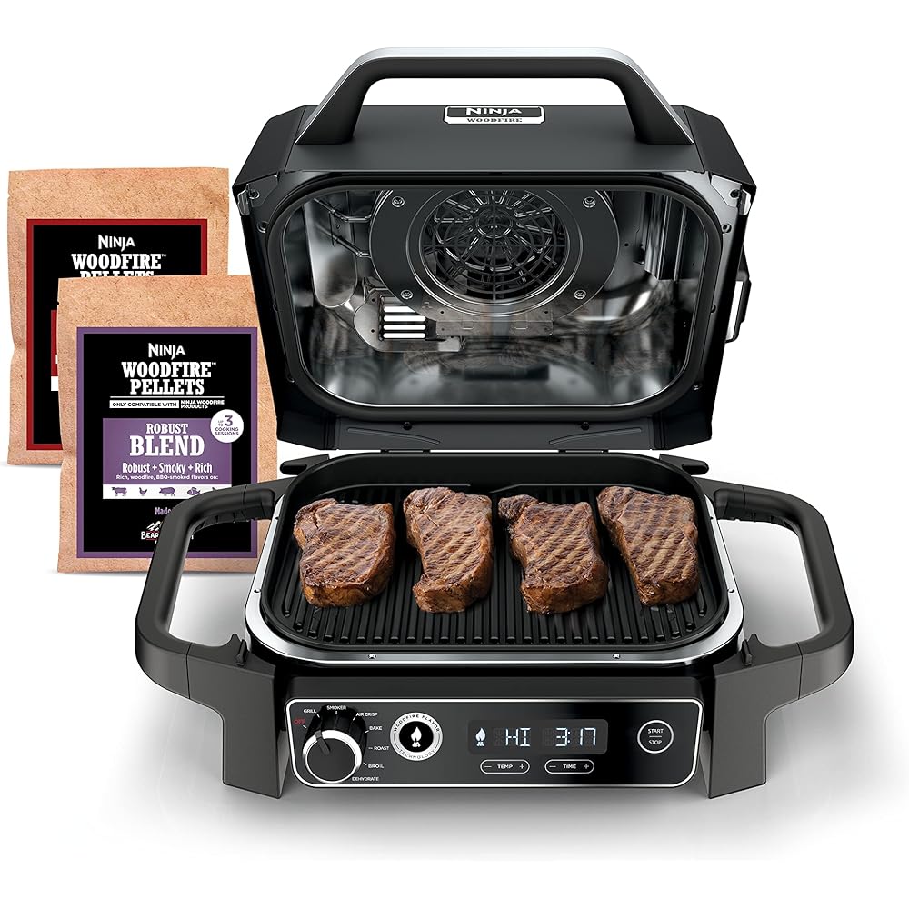 Ninja | Woodfire Series | 7-in-1 (Grill, BBQ, Roast, Air Fry, Dehydrate, Broil, Smoke) | Portable & Weather Resistant | Cook Up To 6 Steaks & 30 Hot Dogs | Woodfire Pellets included | OG701 : Patio, Lawn & Garden