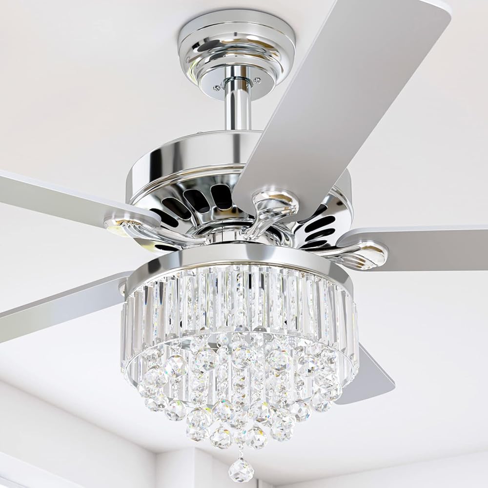 YITAHOME Chandelier Ceiling Fan with Remote, 52 Inch Crystal Fan Light, Indoor Fan Ceiling with 3 Speed, Silent Reversible Motor, Dual-Sided Blades, Timer, Balance Kit - Chrome -