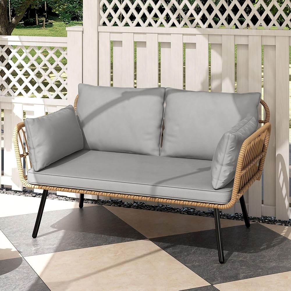 DWVO Wicker Patio Loveseat, All-Weather Rattan 2-Seat Sofa with Cushions & Lumbar Pillows, Outdoor Patio Furniture Set for Patio, Balcony, Backyard, Deck, Poolside (Grey) : Automotive