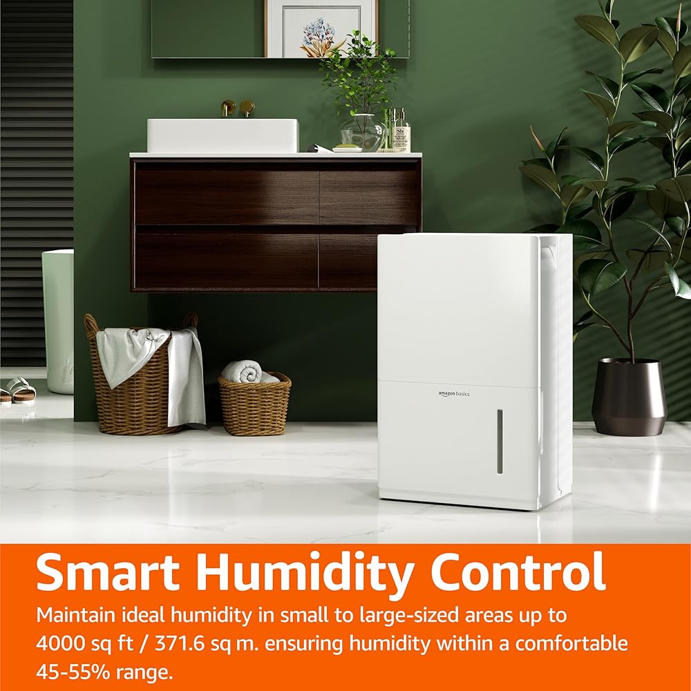 - Amazon Basics Large Dehumidifier for Rooms, Energy Star Certified, Effectively Reduces Humidity, With Continuous Drain Pump, Timer, Auto-Defrost, Overflow Protection, up to 4000 SFT, 50 Pint, White