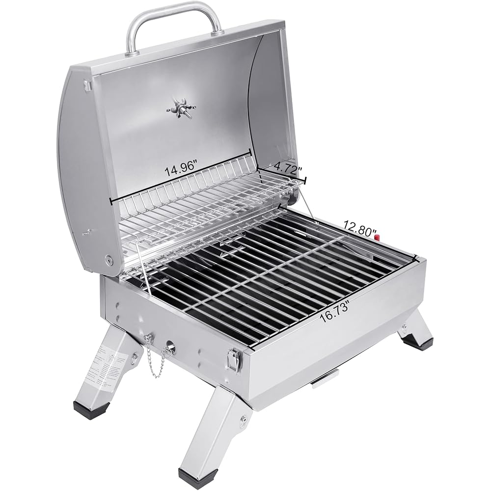 Royal Gourmet GT1001 Stainless Steel Portable Grill, 10000 BTU BBQ Tabletop Gas Grill with Folding Legs and Lockable Lid, Outdoor Camping, Deck and Tailgating, Silver